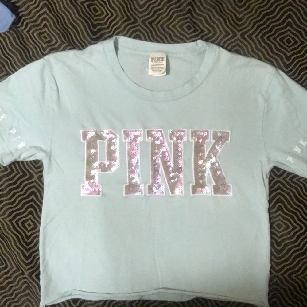 Victoria Secret PINK Mint Sequin College Crop Tee